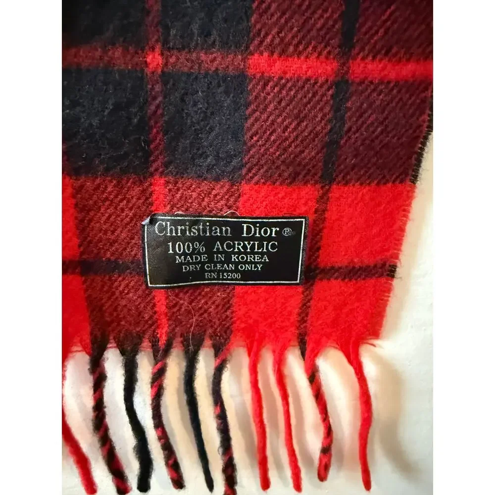 Vintage Christian Dior Buffalo Plaid Fringed Scarf Red Black